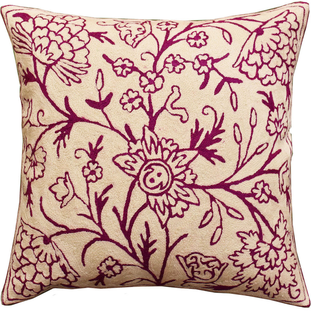 Floral Bloom Ivory Magenta Pink Throw Pillow Cover Handembroidered Wool 18x18" - KashmirDesigns