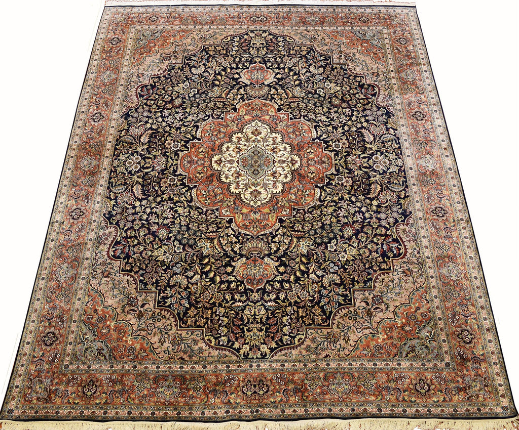 8x10ft Navy Isfahan Silk Rug Oriental Carpet Medallion HandKnotted - Kashmir Designs