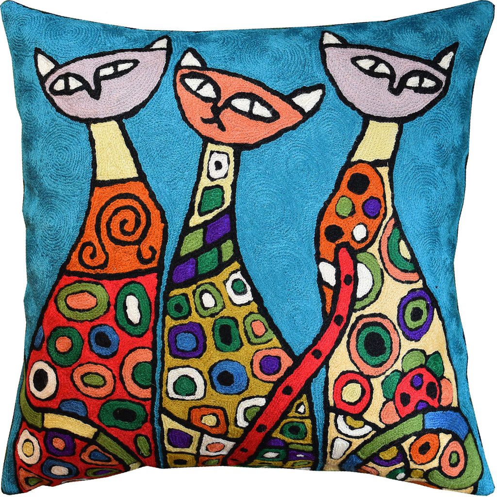 Modern Cats Bright Turquoise Kitties Triplets Accent Pillow Cover Wool 18x18" - KashmirDesigns
