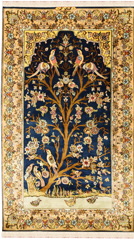 3'x5' Tree of Life Blue Silk Rug Birds Carpet Oriental Design Accent Wall Art - KashmirDesigns