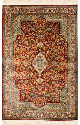 2.5'x4' Blue Kashan Silk Rug Oriental Carpet MedallionDesign Navy