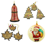 Holiday Christmas Ornaments, Hand Painted Ball, Bell, Tree and Maple Set