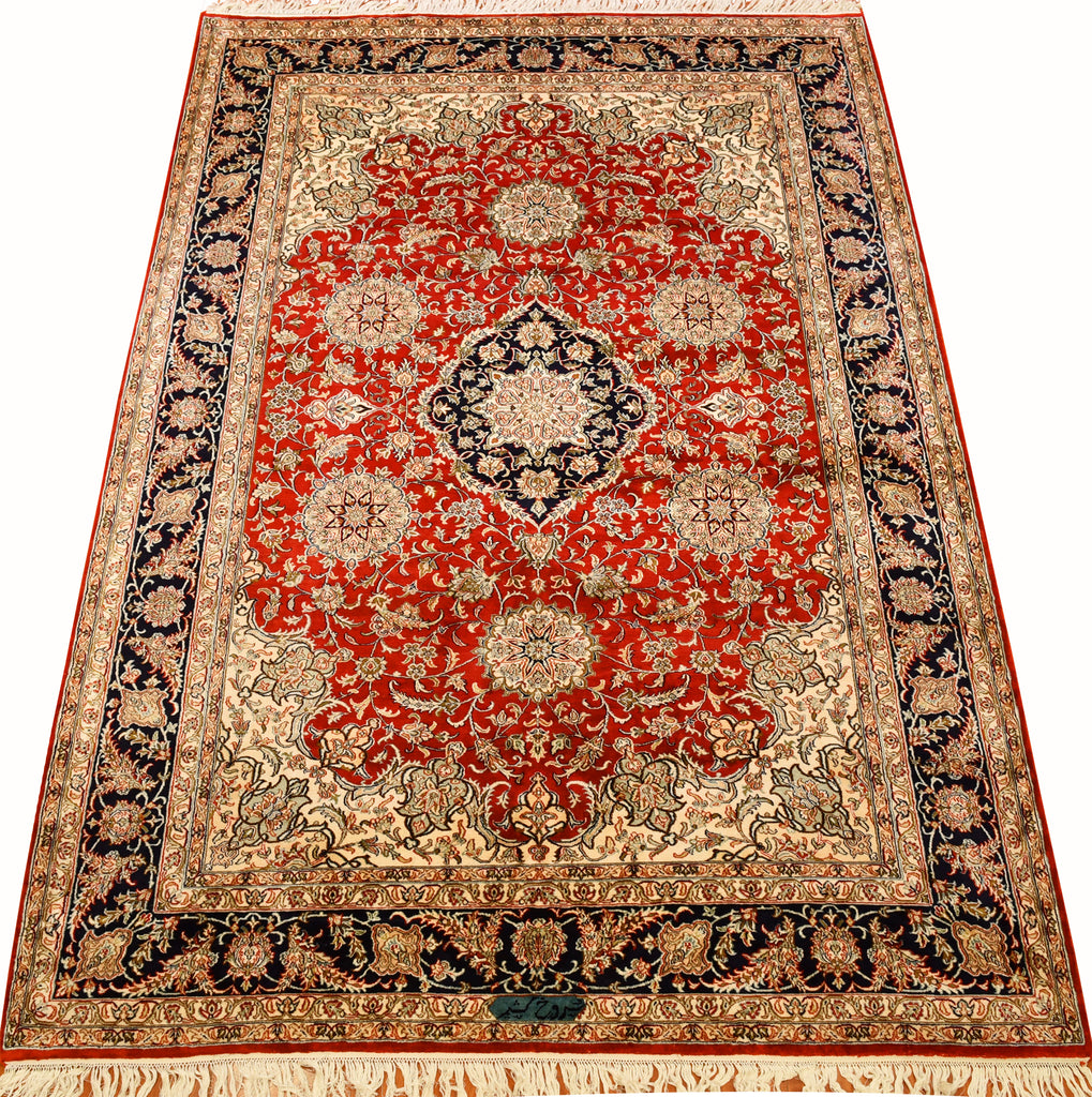 6x9ft Red Kashan Silk Rug Oriental Carpet Medallion Paradise Garden Kashmir Hand Knotted