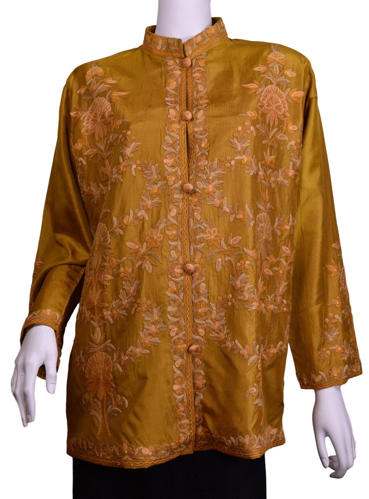 Bia Yellow Gold Silk Dinner Jacket Floral Evening Dress Coat Hand Embroidered Kashmir - Kashmir Designs