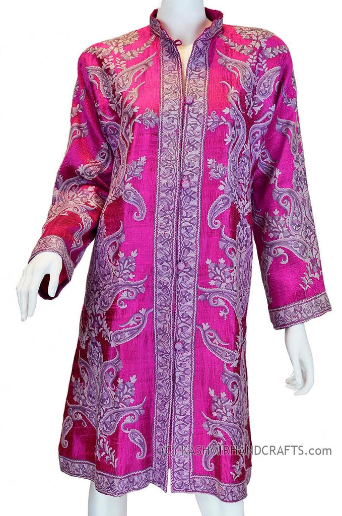 Fuchsia Silk Jacket Dinner Paisley Hot Pink Evening Dress Coat Hand Embroidered Kashmir - Kashmir Designs