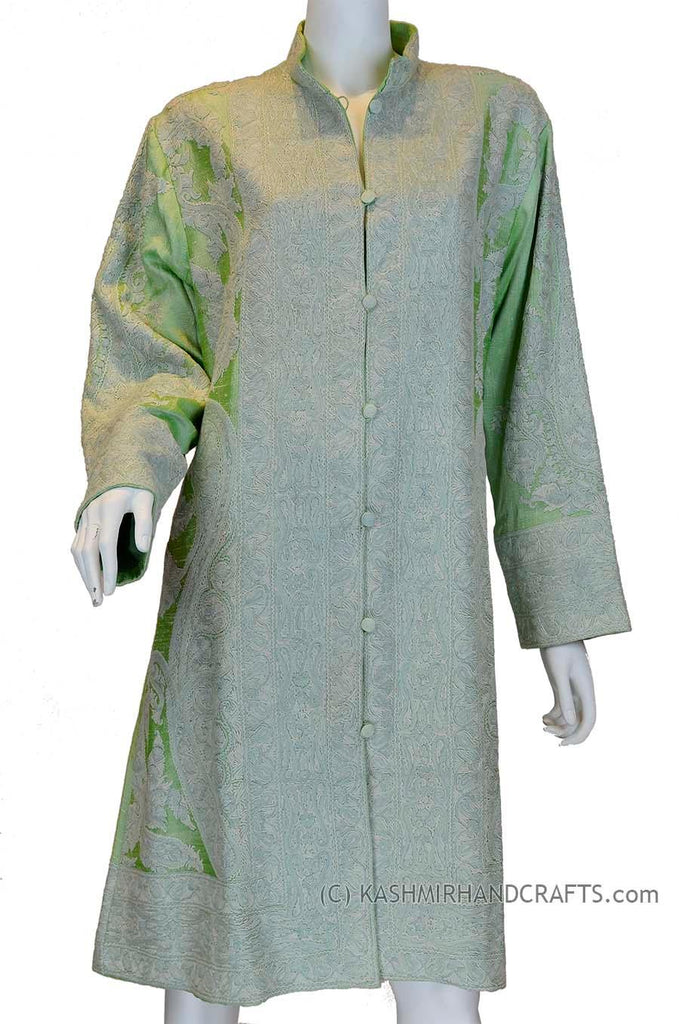 Sage Green Silk Jacket Dinner Paisley Evening Dress Coat Hand Embroide Kashmir Designs Sage Green Silk Jacket Dinner Paisley Evening Dress Coat Hand Embroide Kashmir Designs
