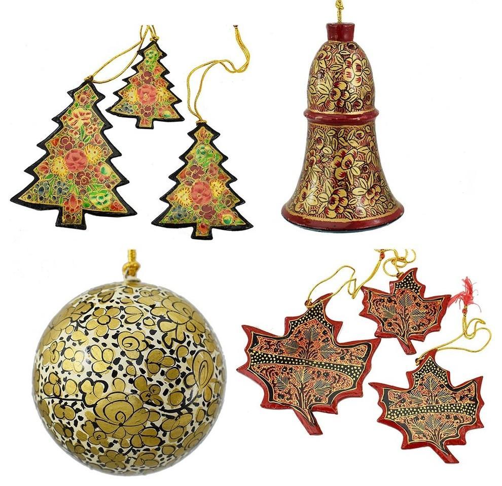 Holiday Christmas Ornaments, Hand Painted Ball, Bell, Tree and Maple Set - KashmirDesigns