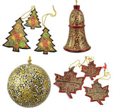 Holiday Christmas Ornaments, Hand Painted Ball, Bell, Tree and Maple Set