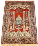 6’X4' Red Mehraab Rug Pure Silk Pile Oriental Carpet Area Rugs Hand Knotted