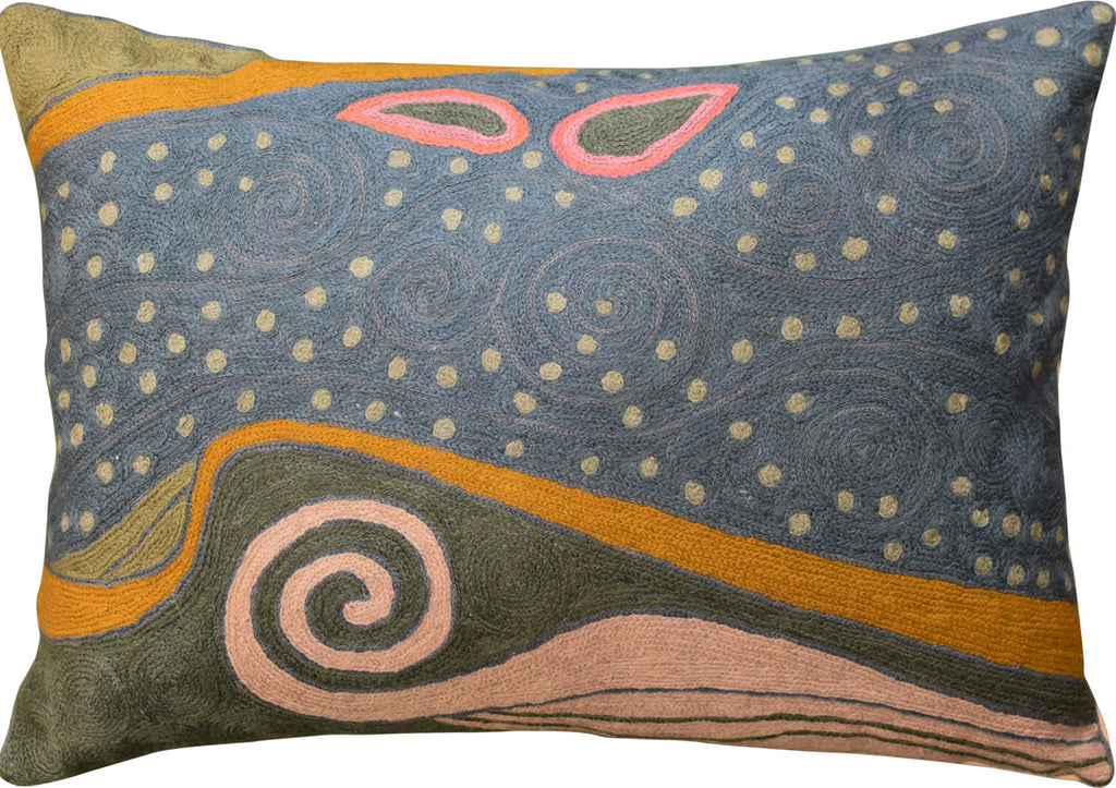 Lumbar Klimt Night Sky Blue Decorative Pillow Cover Handembroidered Wool 14"x20" - KashmirDesigns