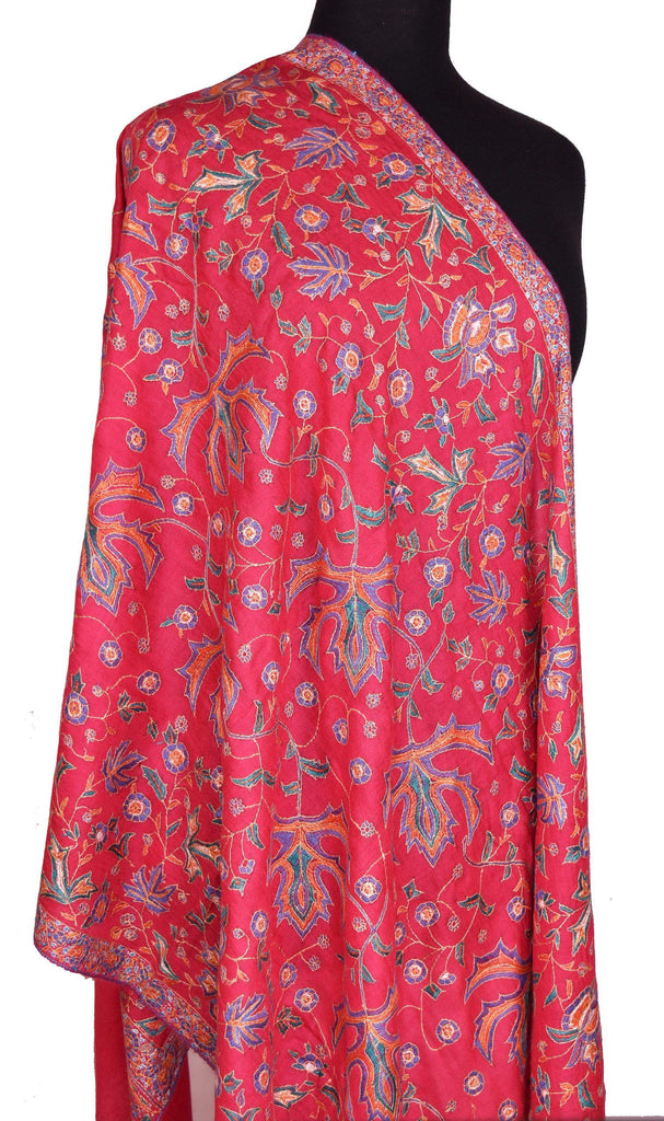 Harmonia Jamawar Shawl Pashmina Ruby Red Pink Antelope Handloom Suzani Needlework Wrap Natural 27x76” - Kashmir Designs