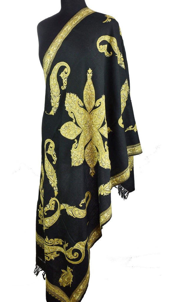 Anthea Kashmir Shawl Paisley Black Green Hand Embroidered Suzani Needlework Wrap 27x76" - Kashmir Designs