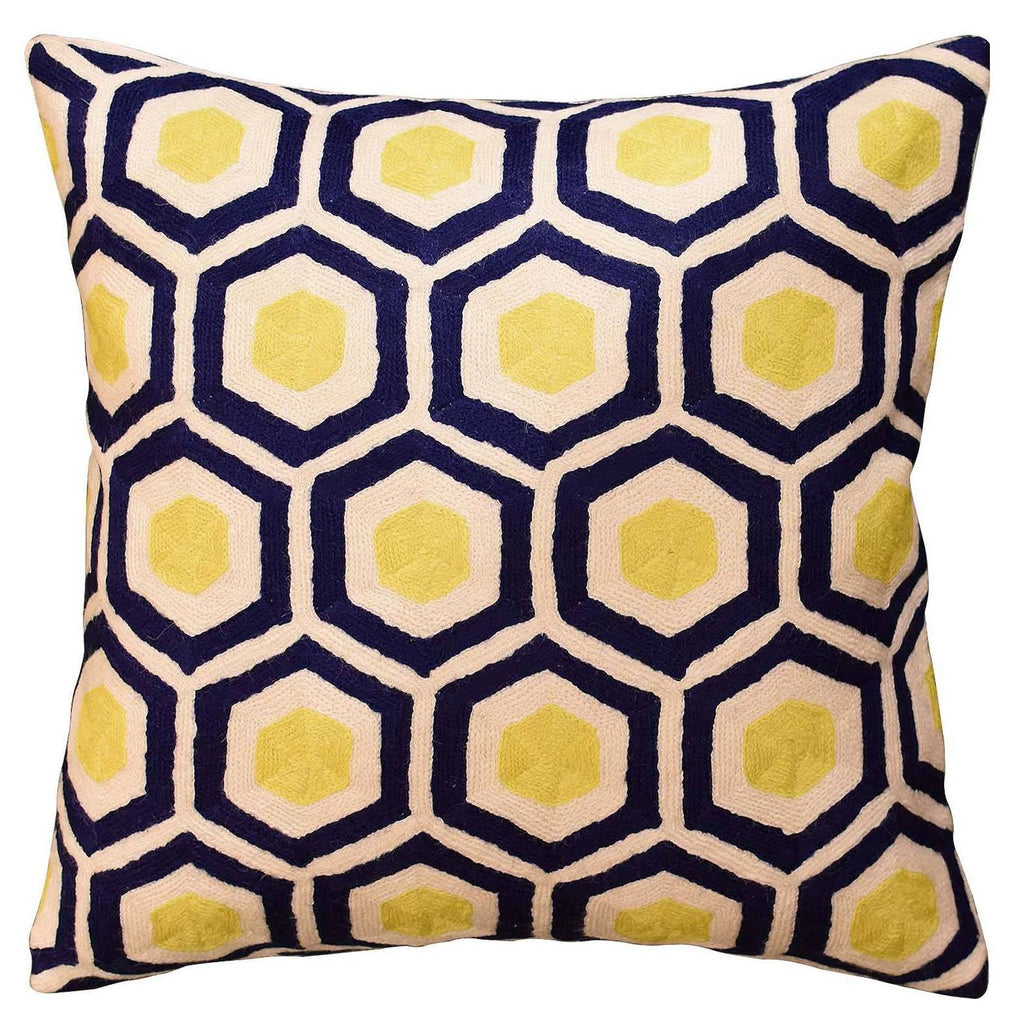 Contemporary Honeycomb Navy Yellow Decorative Pillow Cover HandmadeWool 18"x18" - KashmirDesigns