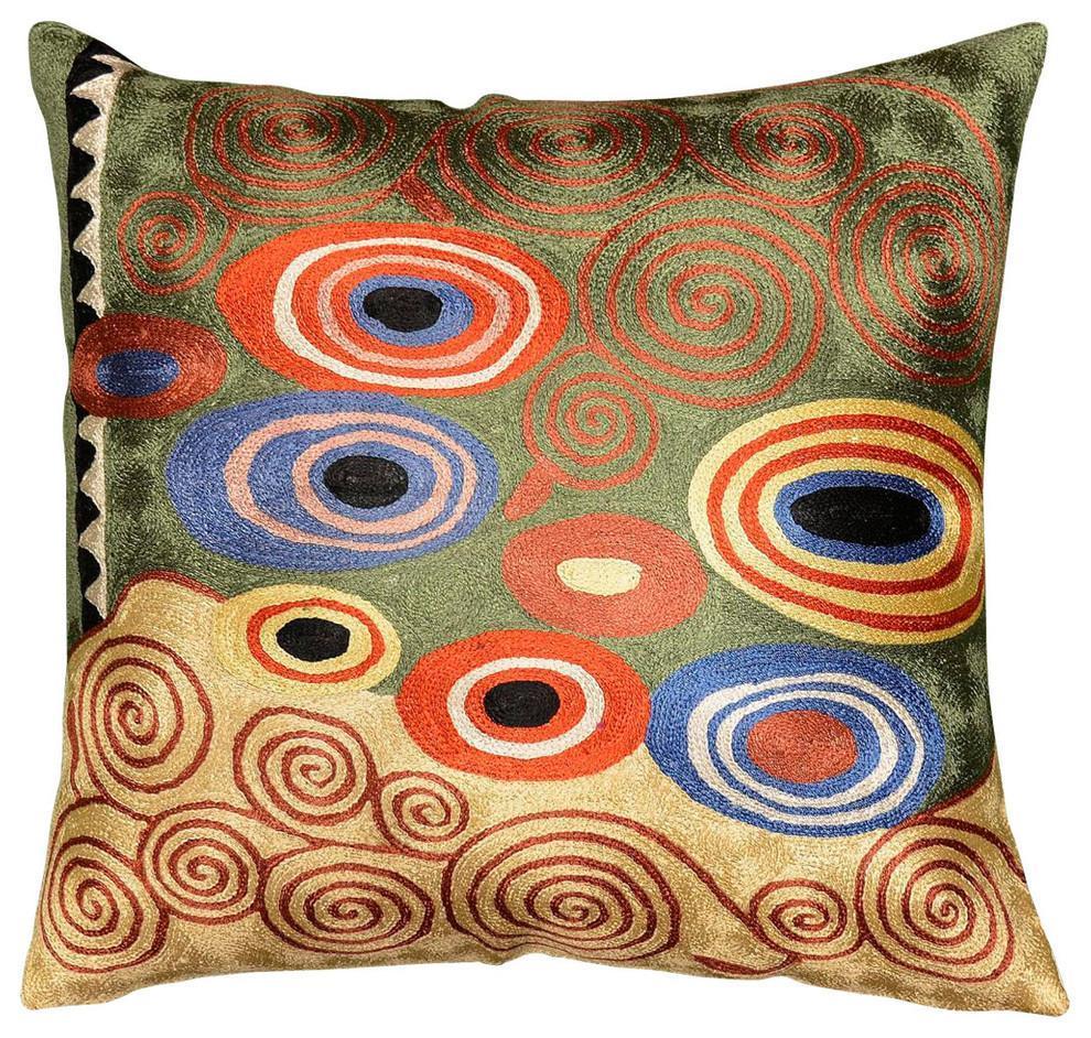 Klimt Green Swirls Decorative Pillow Cover Hand Embroidered Art Silk 18x18" - KashmirDesigns
