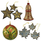 Holiday Christmas Ornaments, Hand Painted Ball, Bell, Star and Maple Set