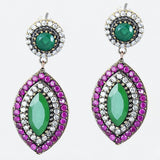 Silver Ruby Emerald Ottoman 925 Sterling Earrings Art Deco Marquise