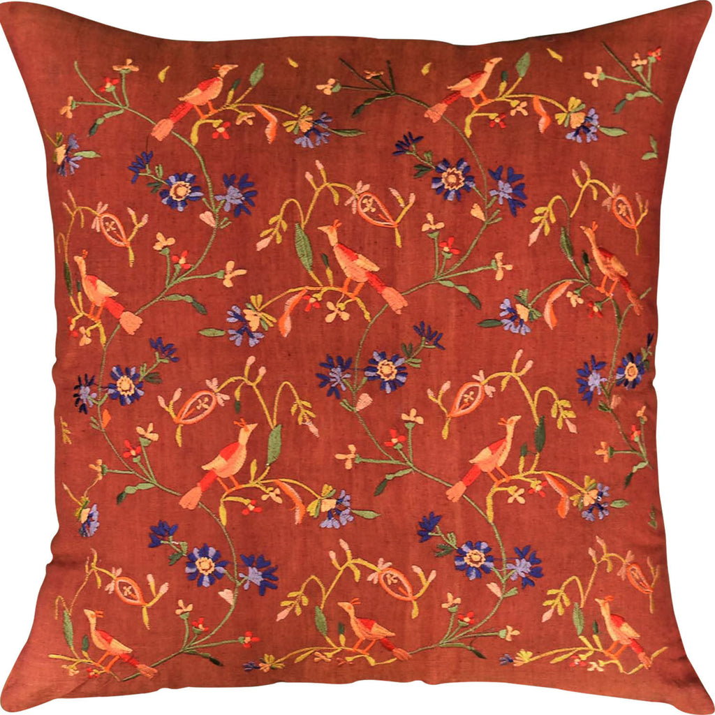 Parakeet Rust Tree of Life Decorative Cotton Pillow Cover Embroidered 18"x18" - KashmirDesigns