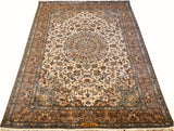 5x7' Kashan Silk Rug Oriental Carpet Ivory White Medallion Hand Knotted
