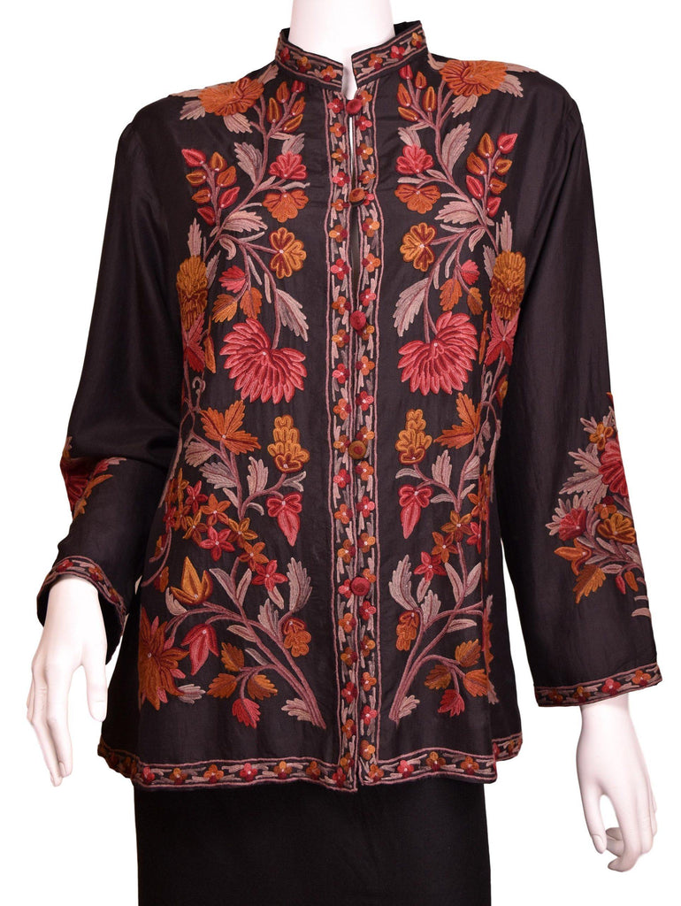 Vesta Black Silk Dinner Jacket Evening Dress Coat Floral Hand Embroide Kashmir Designs Vesta Black Silk Dinner Jacket Evening Dress Coat Floral Hand Embroide Kashmir Designs