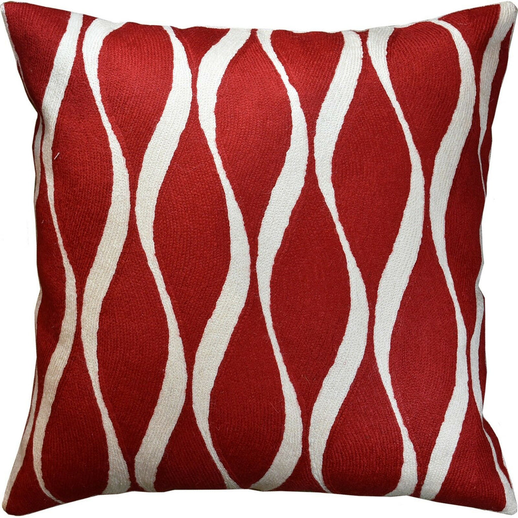 Contemporary Waves Bright Red Accent Pillow Cover Handembroidered Wool 18x18" - KashmirDesigns
