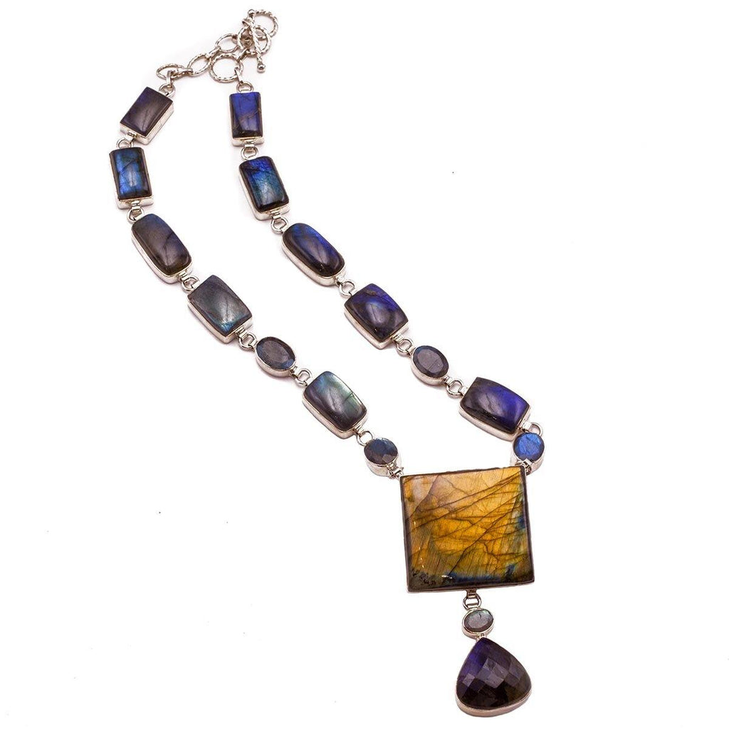 Natural Labradorite Cabochon Sterling Silver Opera Y Necklace Hand Crafted - Kashmir Designs