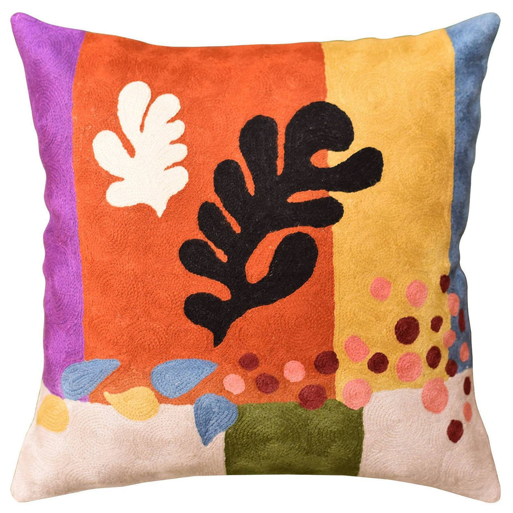 Matisse Coral Pillow Cover Cut-Outs III Flower Wool Hand Embroidered 18" x 18" - KashmirDesigns