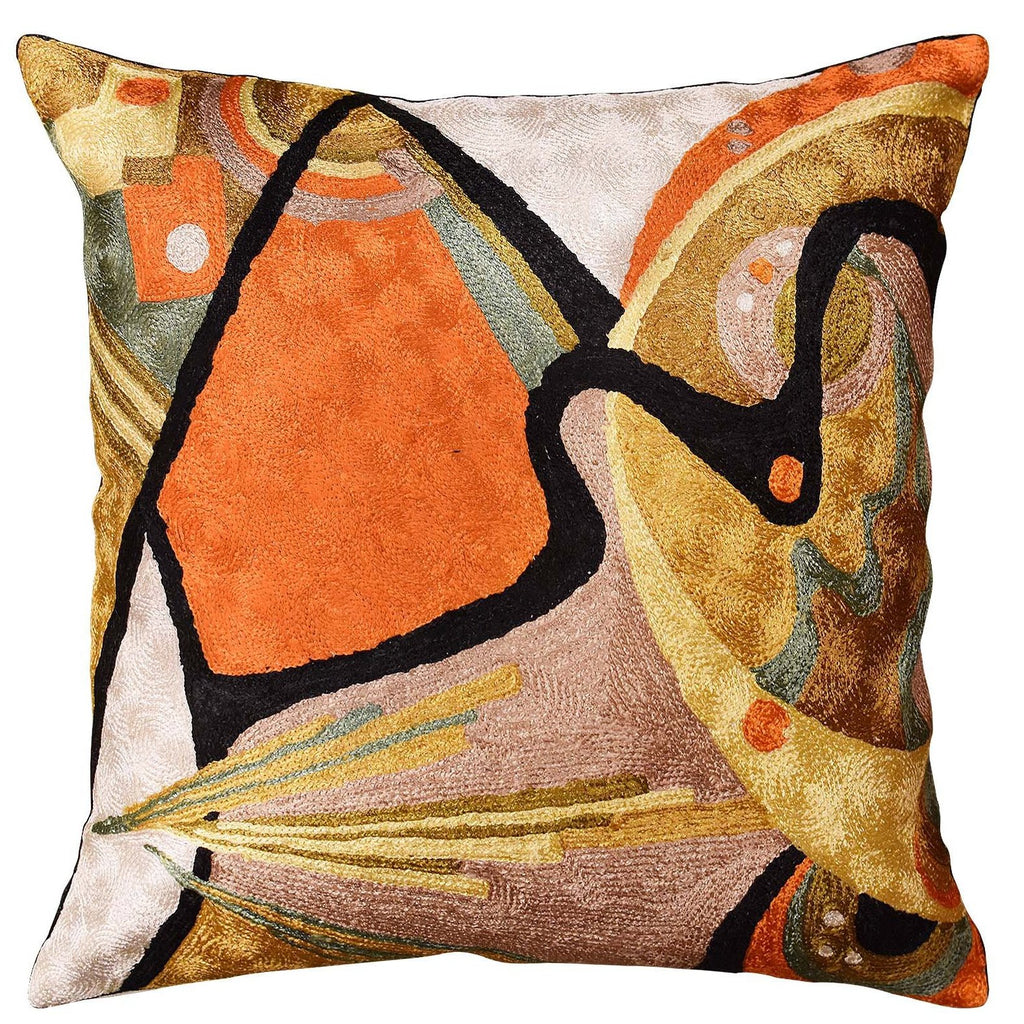 Kandinsky Accent Pillow Cover In the Flow Hand Embroidered Art Silk Orange 18x18" - KashmirDesigns