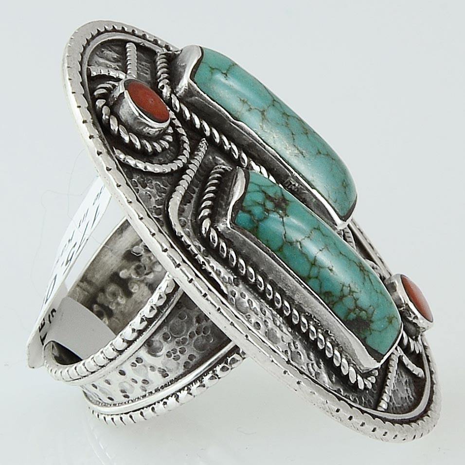 Size 9 Turquoise Ring Sterling Silver Filigree Cocktail Rings - Kashmir Designs