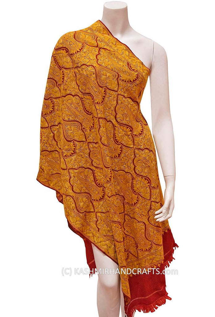 Kashmir Royal Red Gold Paisley Jamawar Shawl Hand Embroidered Suzani Needlework Wrap 27x76" - Kashmir Designs