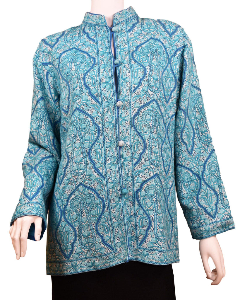 Turquoise Blue Jacket Dinner Cashmere Evening Dress Coat All Over Hand Embroidered Kashmir - Kashmir Designs