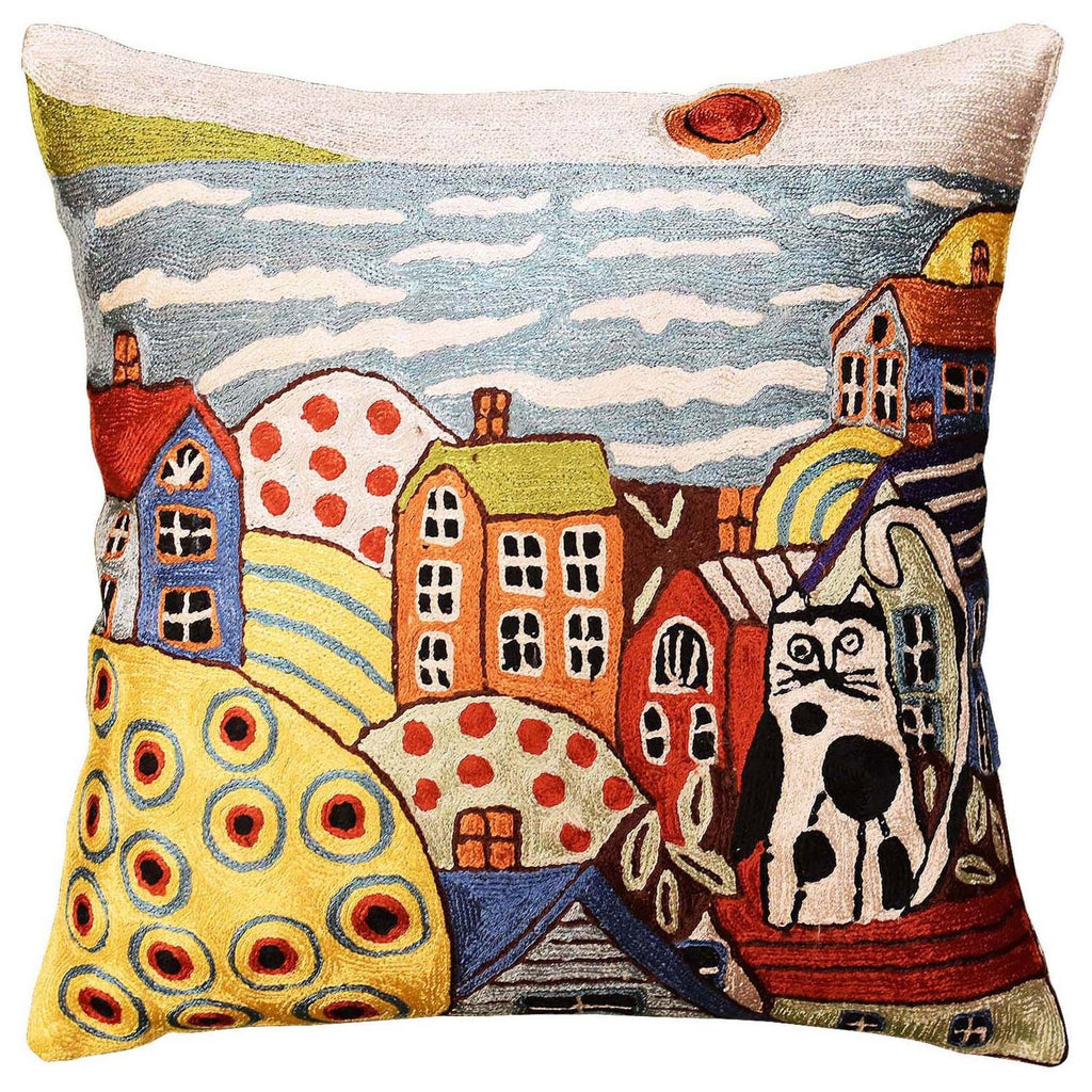 Sea Side Cat Karla Gerard Accent Pillow Cover Handembroidered Art Silk 18"x18" - KashmirDesigns