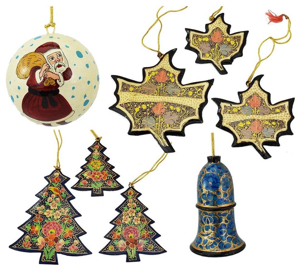 Holiday Christmas Ornaments, Hand Painted Ball, Bell, Tree and Maple Sets - KashmirDesigns