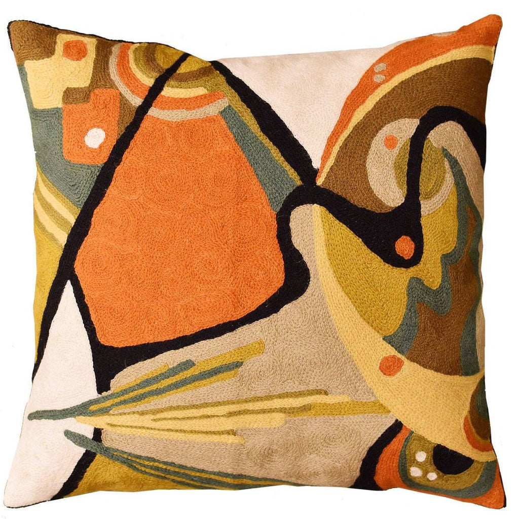 Kandinsky Throw Pillow Cover In The Flow Decorative Wool Hand Embroidered 18x18" - KashmirDesigns