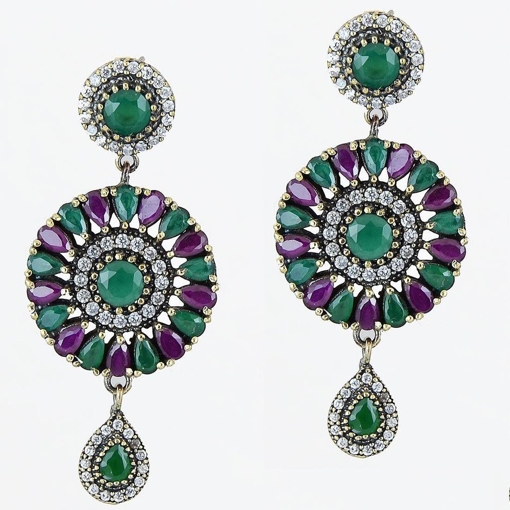 Silver Ruby Emerald 925 Sterling Earrings Ottoman Dome Dangle Drop - Kashmir Designs