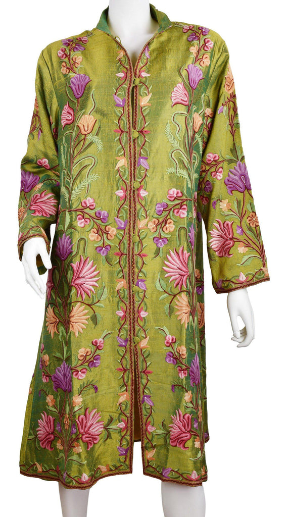 Aura Silk Jacket Dinner Floral Evening Dress Coat Hand Embroidered Kashmir - Kashmir Designs