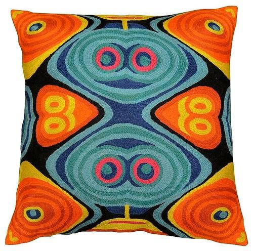 Modern Fusion Design Pillow Cover Hand Embroidered Wool 18" x 18" - KashmirDesigns