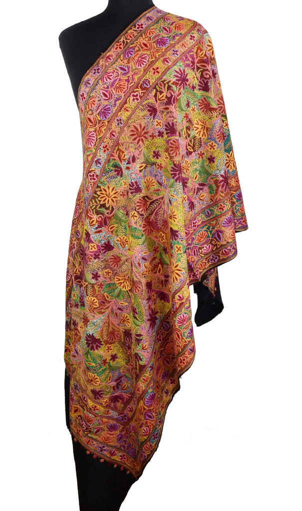 Victoria Kashmir Shawl Floral All Over Hand Embroidered Suzani Needlework Wrap 27x76" - Kashmir Designs