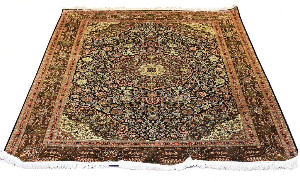5x7' Kashan Silk on Silk Rug Oriental Carpet Medallion Green Brown Hand Knotted Museum Qualit - Kashmir Designs