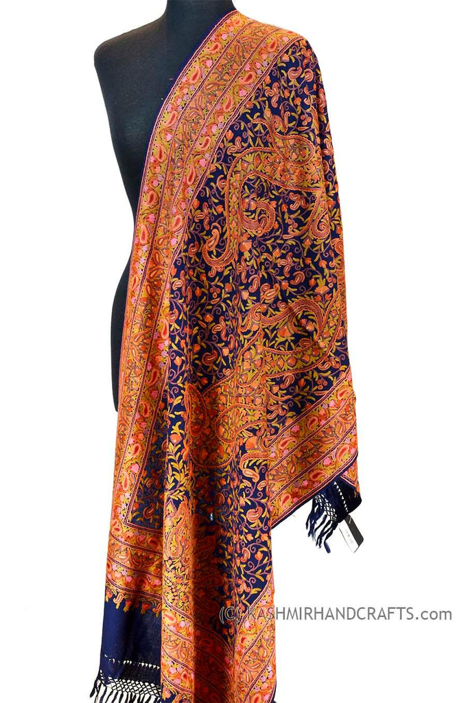 navy grand paisley shawl kashmir hand embroidered wrap - Kashmir Designs