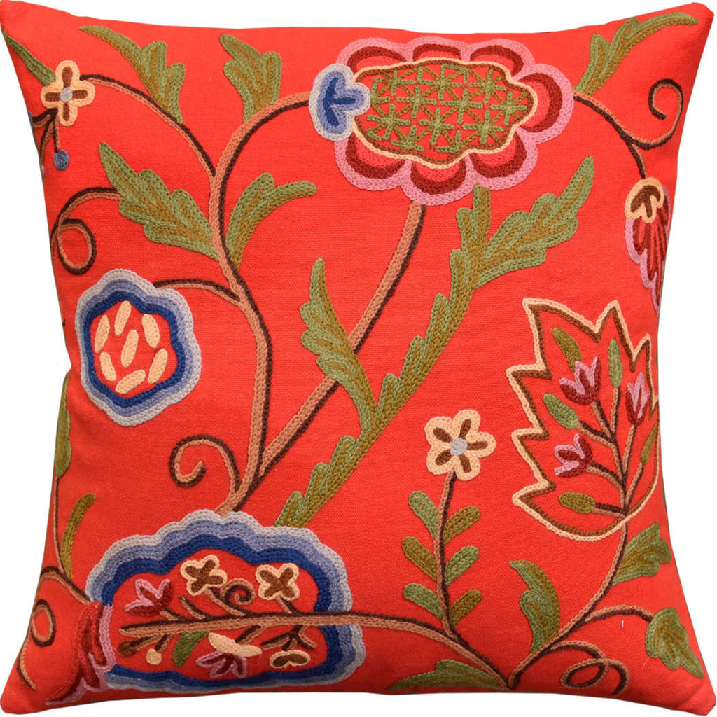 Red Floral Bloom Modern Decorative Pillow Cover Handembroidered Wool 18x18" - KashmirDesigns