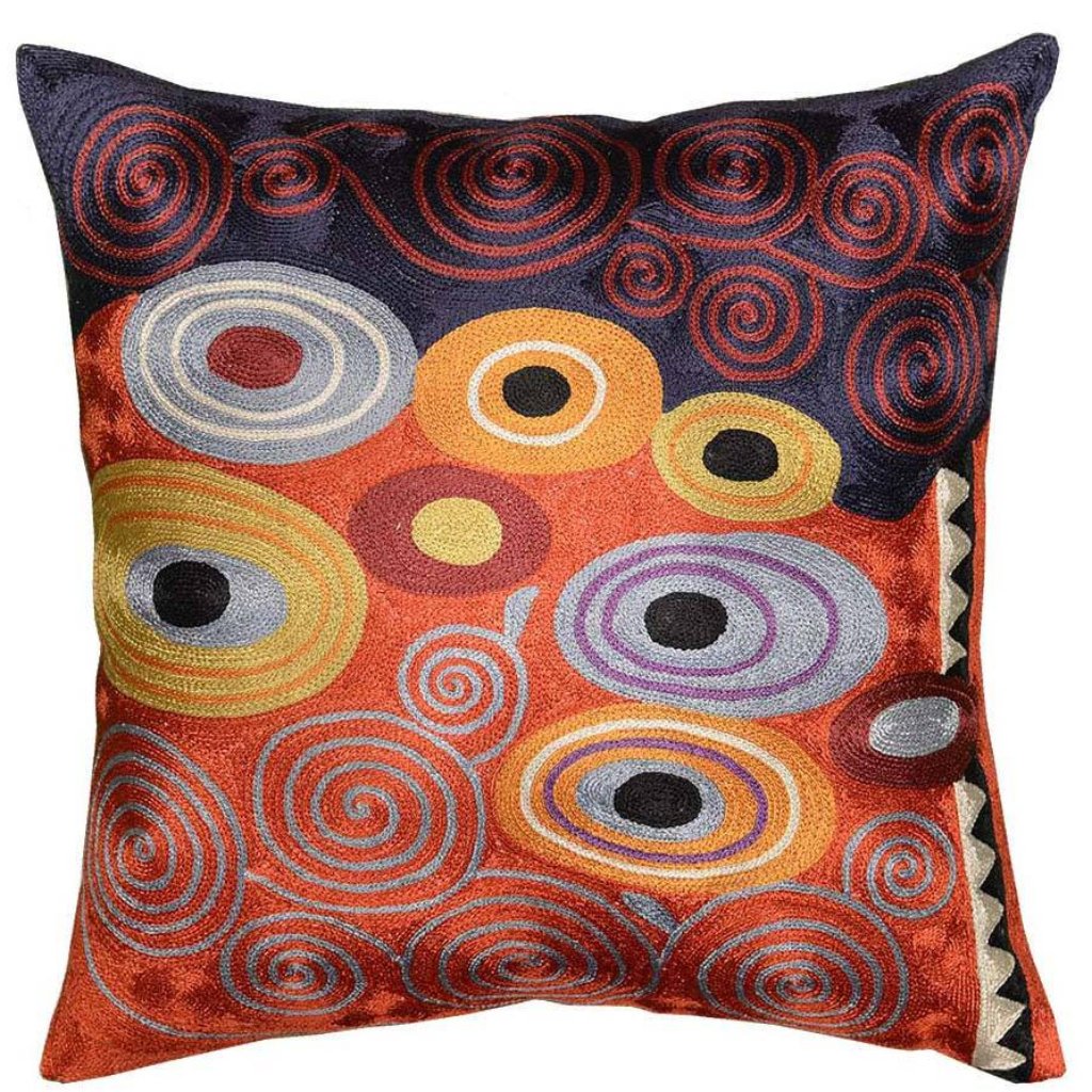 Klimt Fire Orange Red Navy Swirls Decorative Pillow Cover Hand Embroidered 18" x 18" - KashmirDesigns