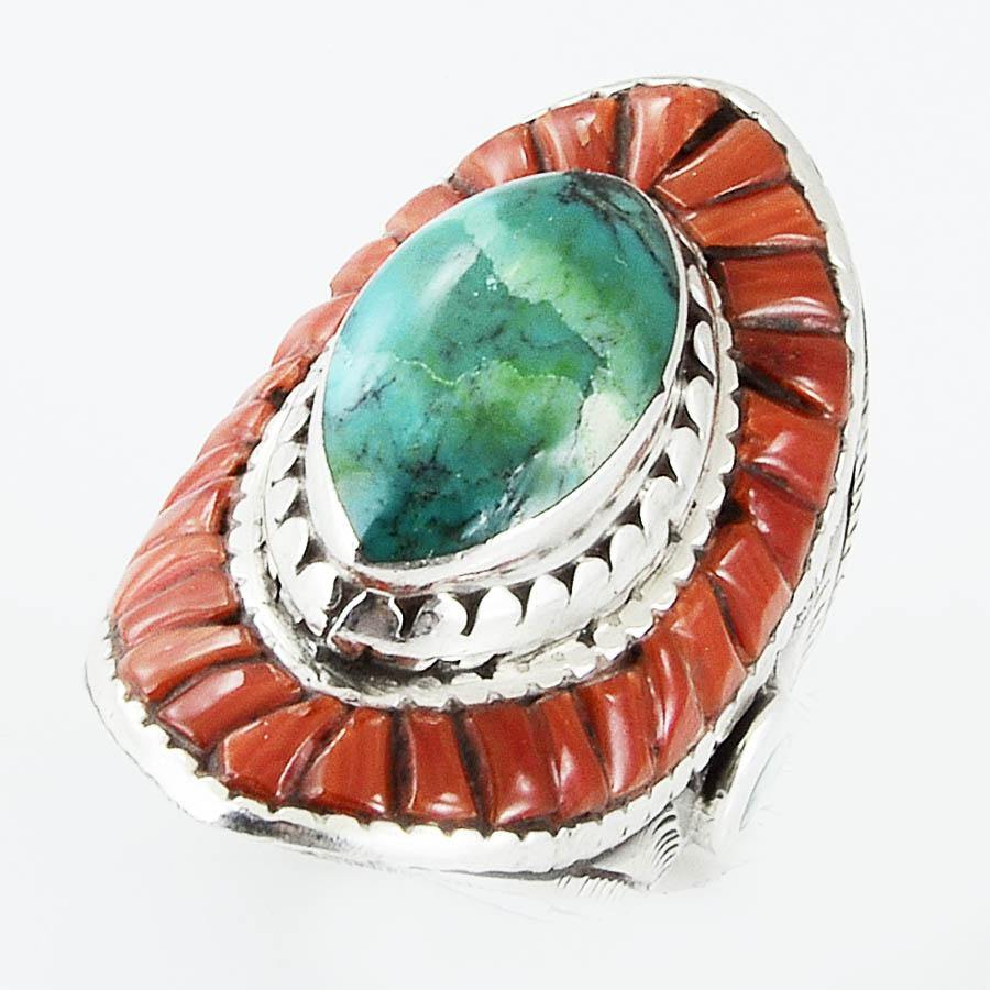 Size 7.5 Natural Turquoise Coral Ring Sterling Silver Marquise - Kashmir Designs