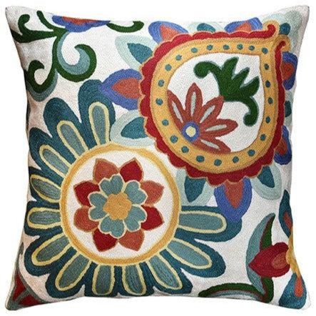 Suzani Daisy Decorative Pillow Cover Elements Ivory Hand embroidered Wool 18x18" - KashmirDesigns