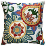 Suzani Daisy Decorative Pillow Cover Elements Ivory Hand embroidered Wool 18x18