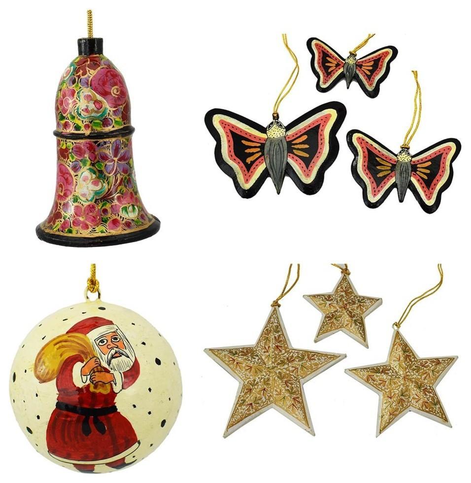 Christmas Ornaments Holiday Decorations Ball, Bell, Butterfly and Star Set - KashmirDesigns