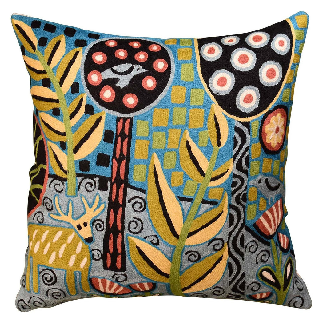 Deer & Bird Karla Gerard Decorative Pillow Cover Handembroidered Wool 18"x18" - KashmirDesigns