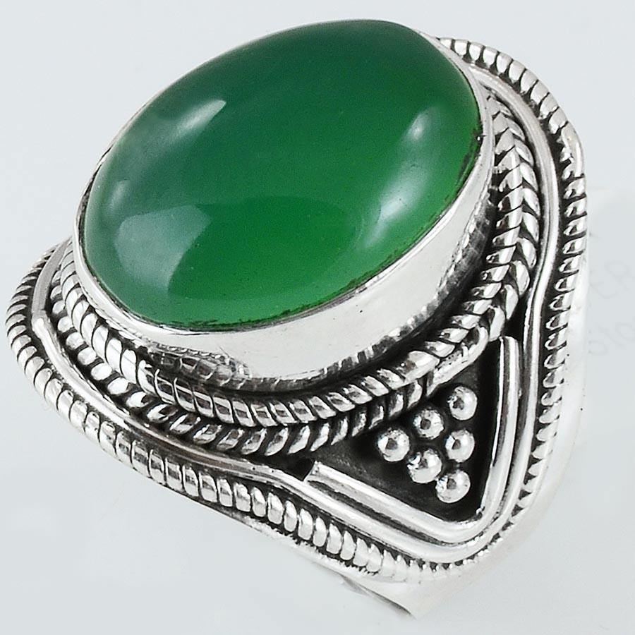 Size 7.5 Green Onyx Ring Sterling Silver Cabochon Oval Rings - Kashmir Designs