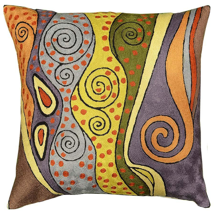 Klimt Purple Night Sky Pillow Cover Hand Embroidered Wool 18" x 18" - KashmirDesigns