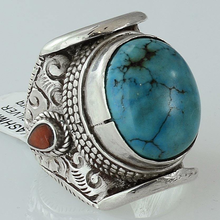 Size 8 Turquoise Ring Sterling Silver Oval Rings Hand Carved - Kashmir Designs