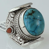 Size 8 Turquoise Ring Sterling Silver Oval Rings Hand Carved
